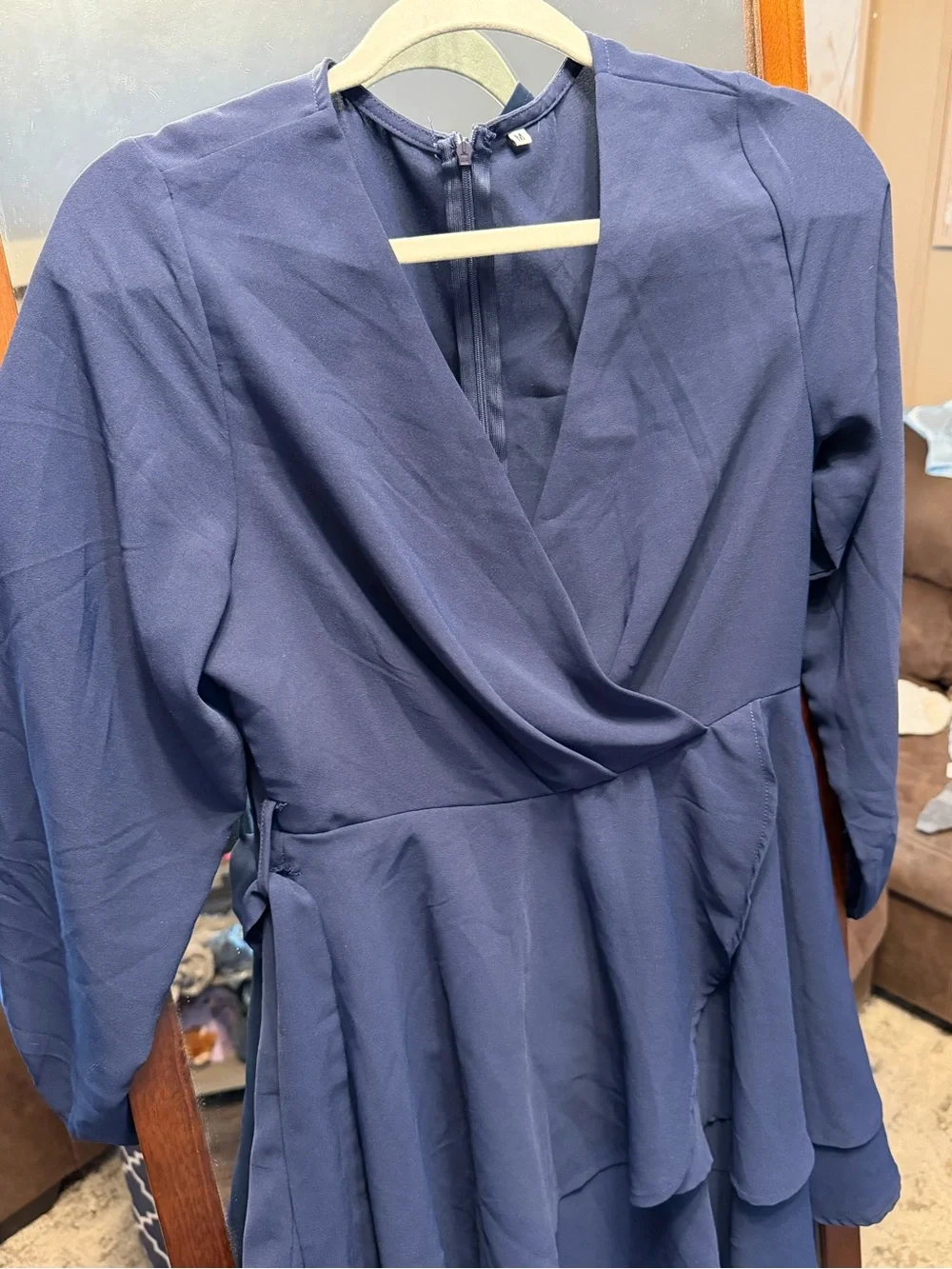 Navy Wrap Mini Dress with Tiered Ruffle Skirt -Medium